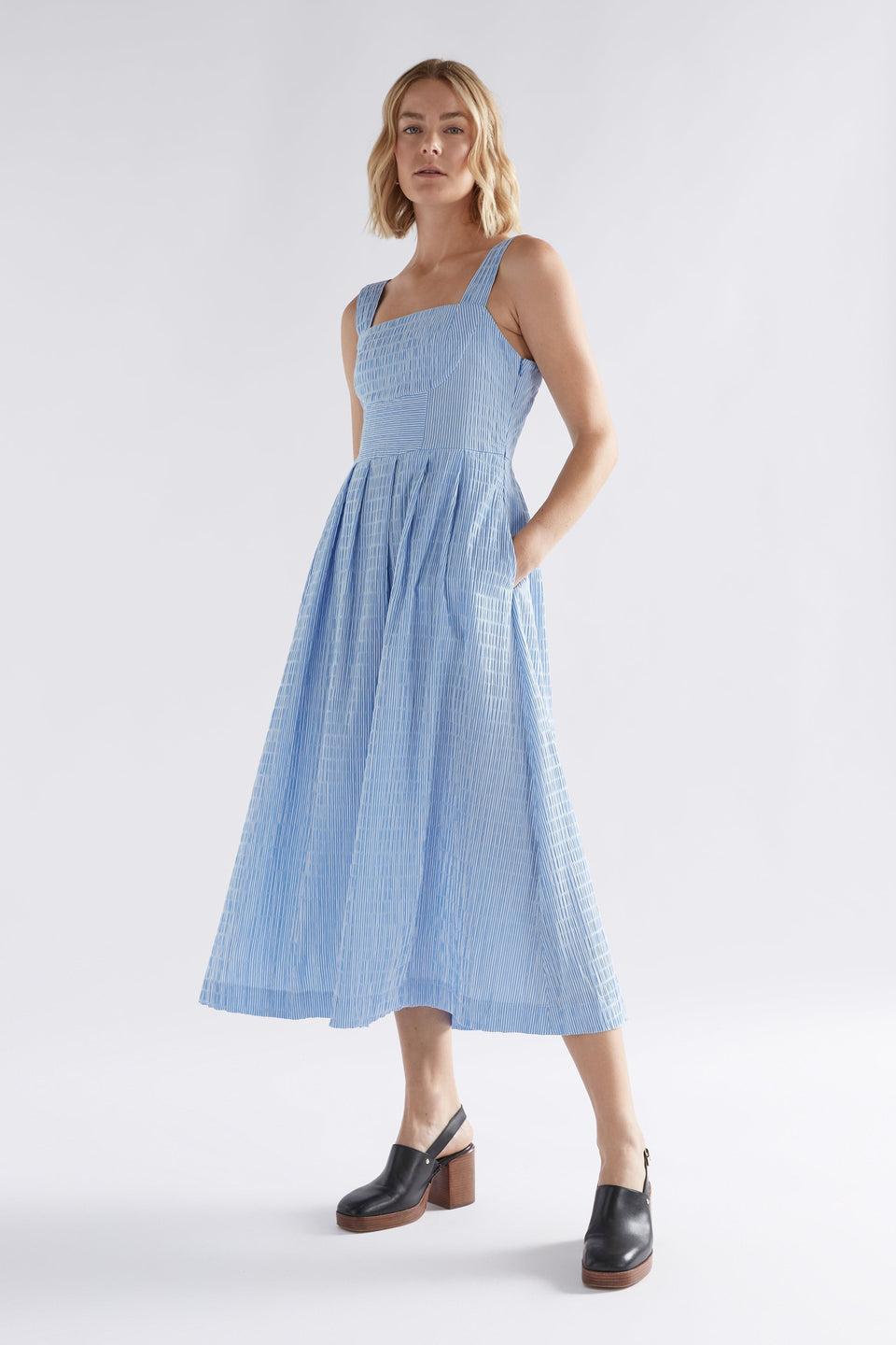 Bekk Seersucker Print Tank Dress Model Front 2 | BLUE WHITE STRIPE