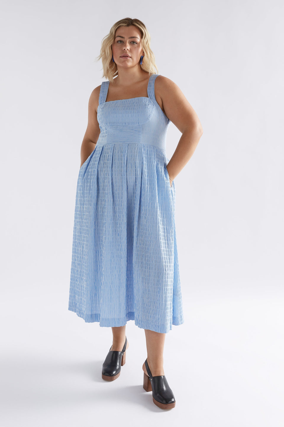 Bekk Seersucker Print Tank Dress Model Front | BLUE WHITE STRIPE