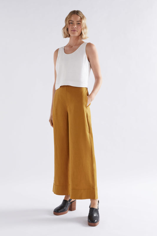 Strom Mid Rise Wide Leg Linen Pant Model Front | HONEY GOLD