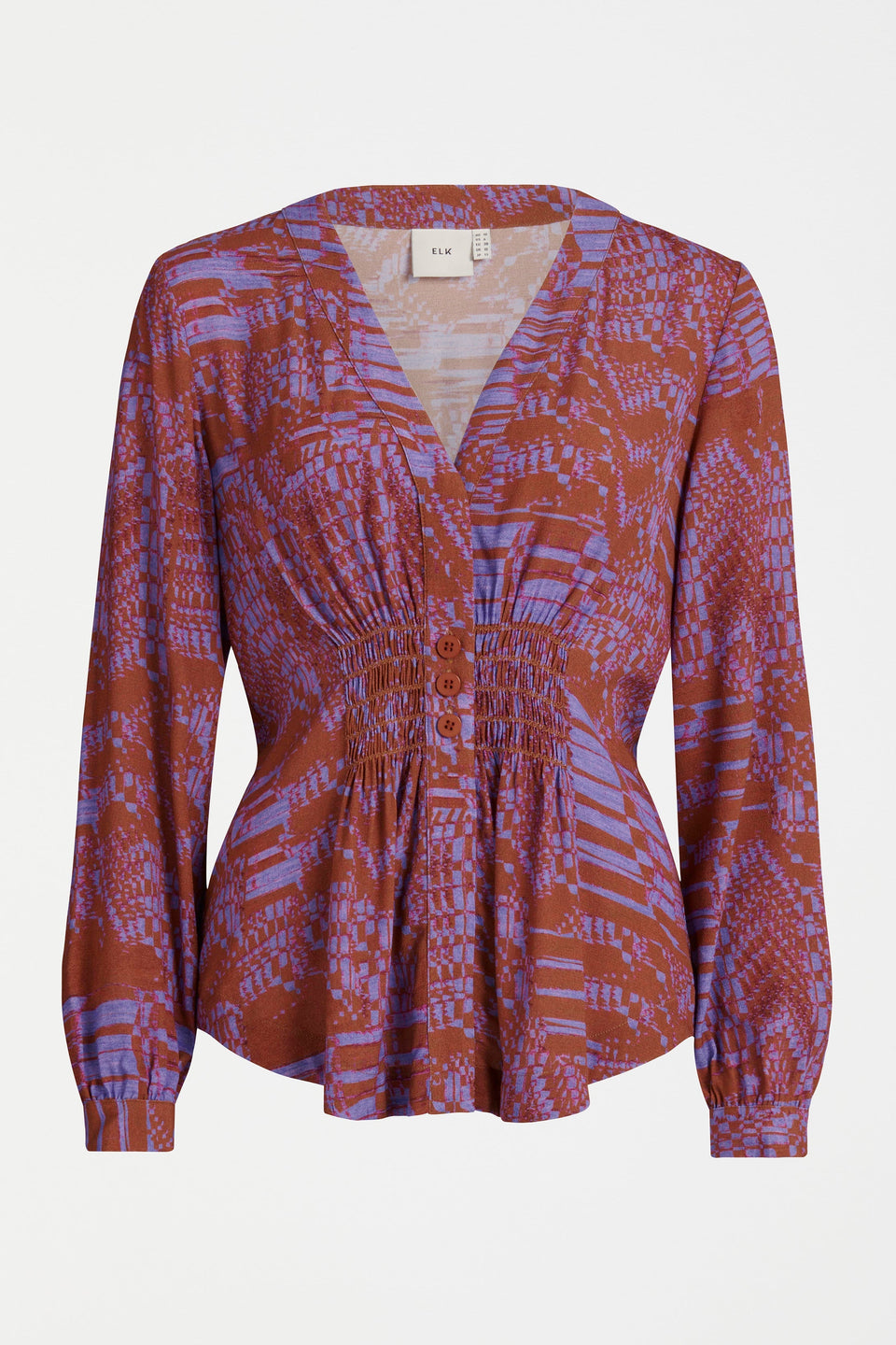 Neil Long Sleeve Shirred V-Neck Print Top Front | MAGIC PRINT