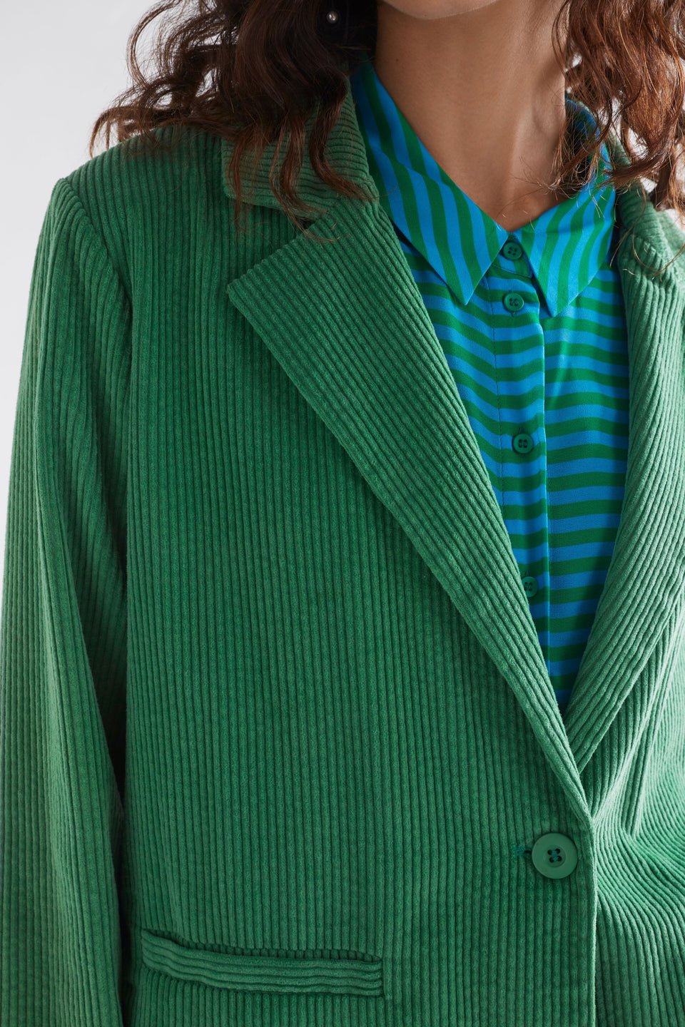 Rhes Chunky Cord Single Button Blazer Model Front Detail | SEA GREEN