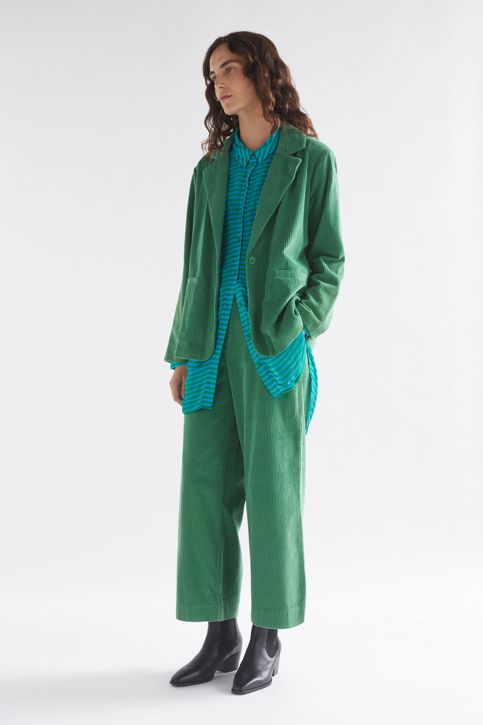 Rhes Chunky Cord Single Button Blazer Model Side Full body | SEA GREEN