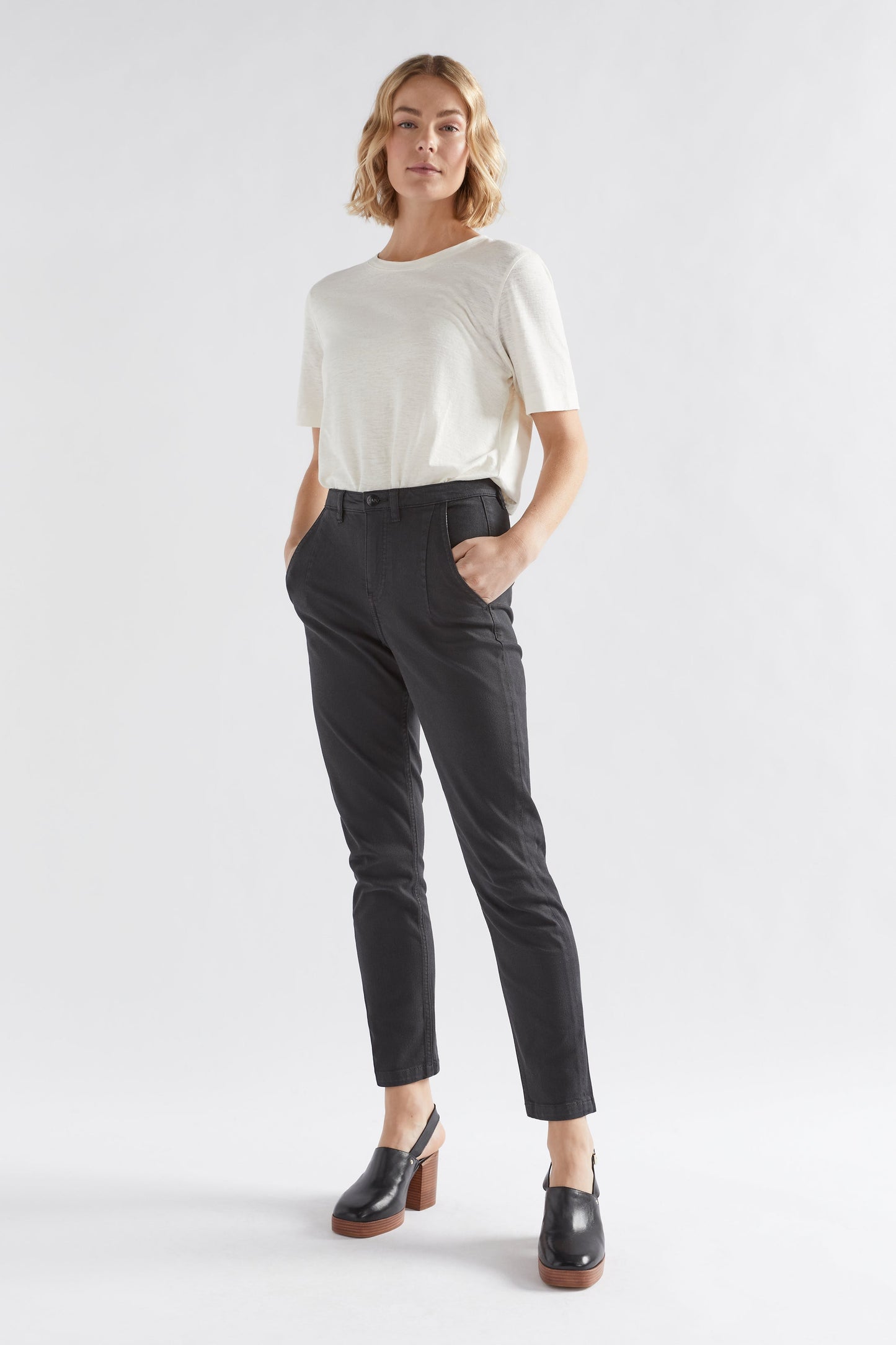 Jaana Organic Cotton and Hemp Jersey Crew Neck Tshirt Model Front Tucked Full Body | WHITE