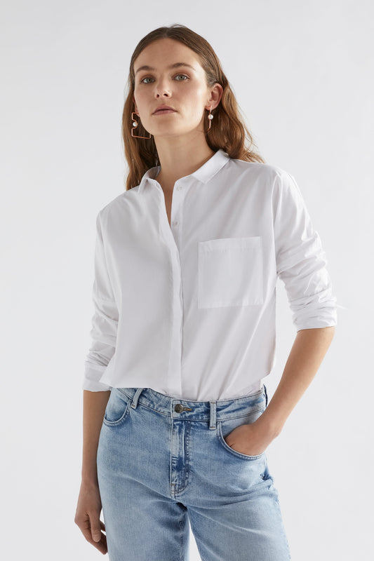 Rinna Organic Cotton White Everyday Shirt with Front Pocket Model Front | WHITE