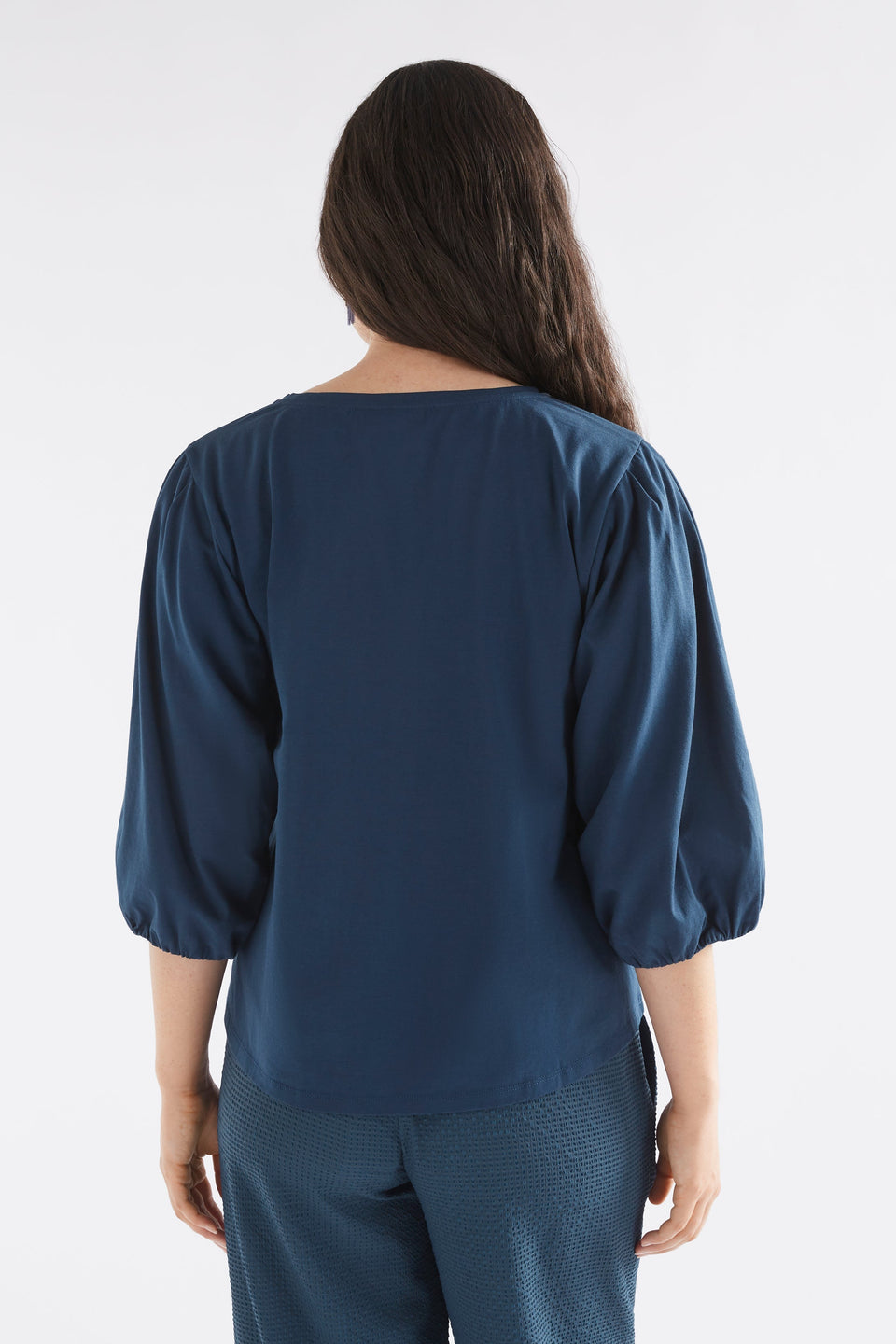 Maer Organic Cotton Balloon Sleeve Jersey Top Model Back | DEEP SEA BLUE