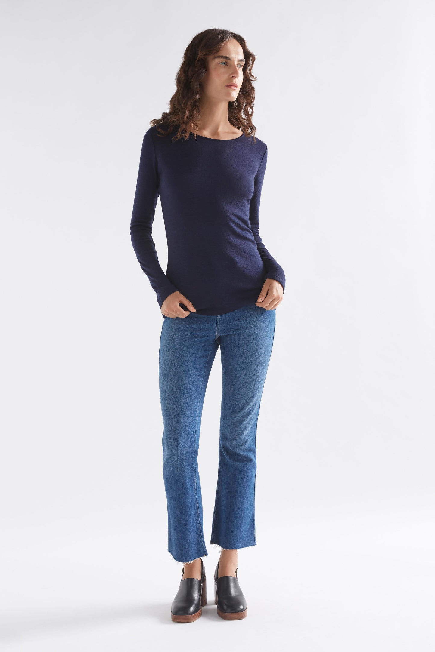 Merino Wool Long Sleeve Skin Top Model Front Full Body |  BRIGHT NAVY