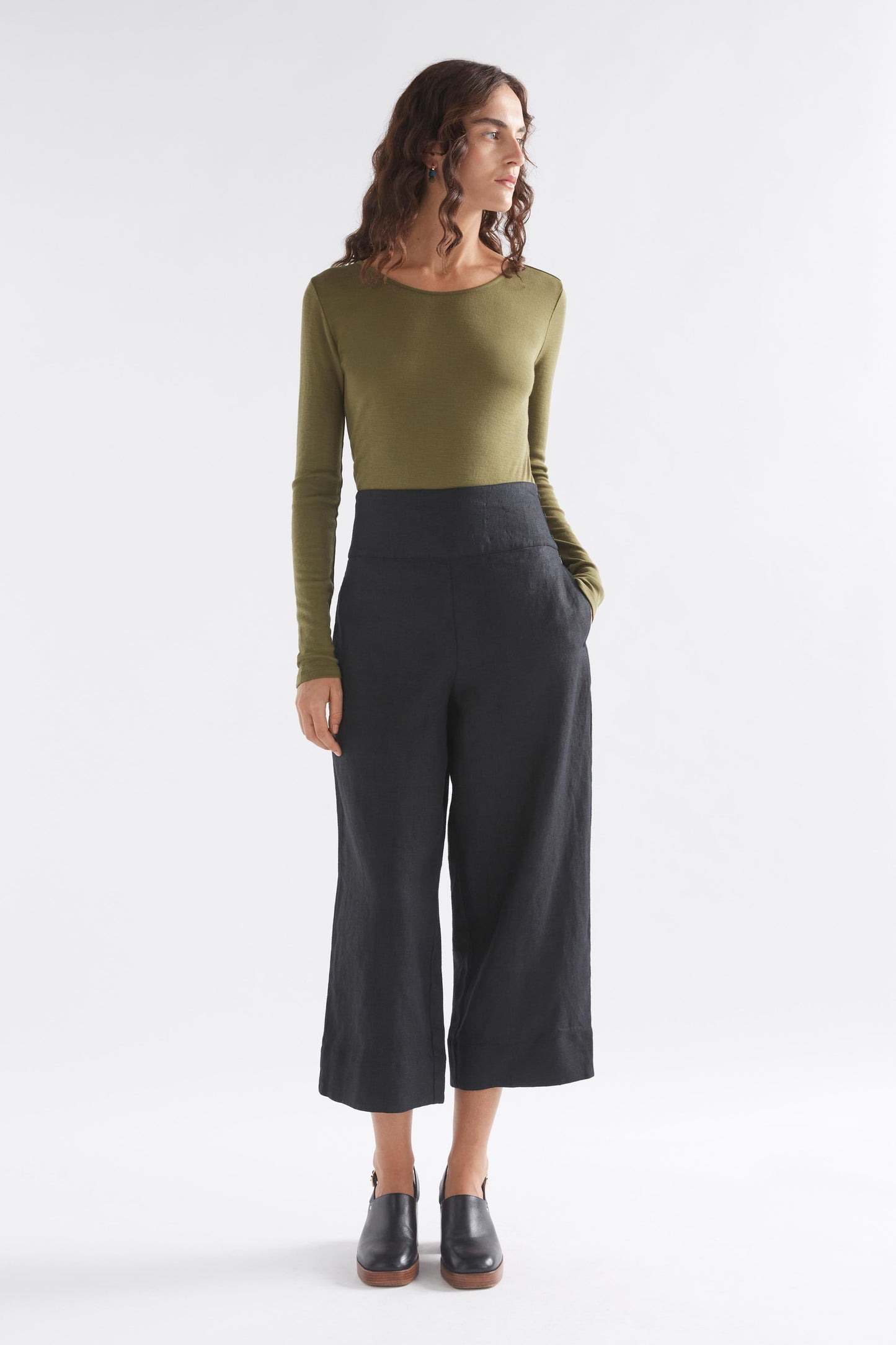 Merino Wool Long Sleeve Skin Top Model Front Full body | OLIVE