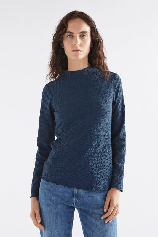 Deor Textured Mock Neck Lettuce Hem Long Sleeve Top Model Front | DEEP SEA BLUE