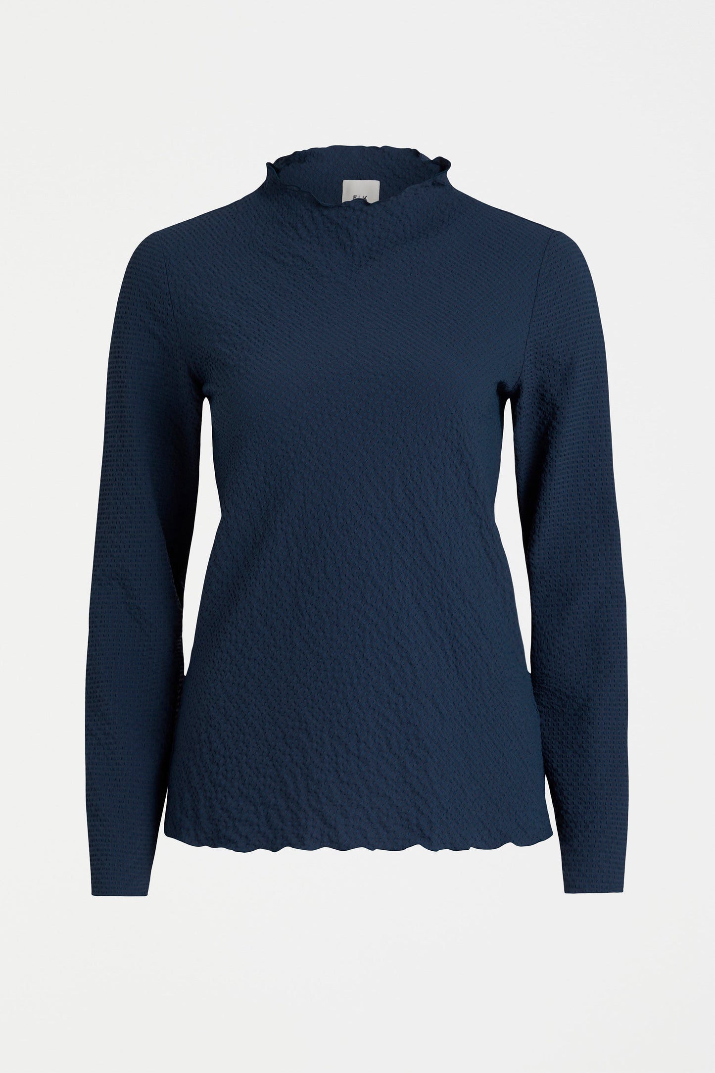 Deor Textured Mock Neck Lettuce Hem Long Sleeve Top Front | DEEP SEA BLUE