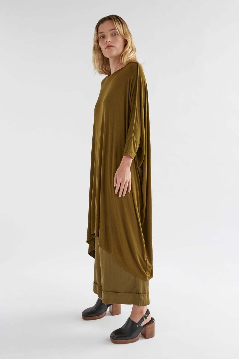 Wide Stretch Classic Jersey Dress Model Angled Front Bella  | DARK CITRONELLE