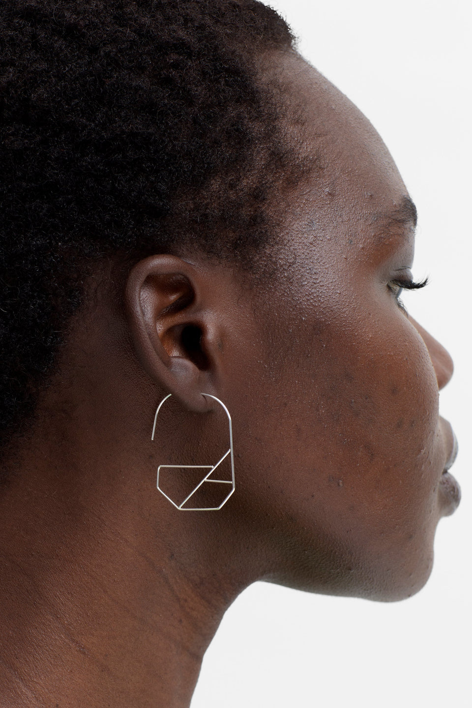 Atton Fine Lightweight Geometric Hoop Earring model crop Front SILVER