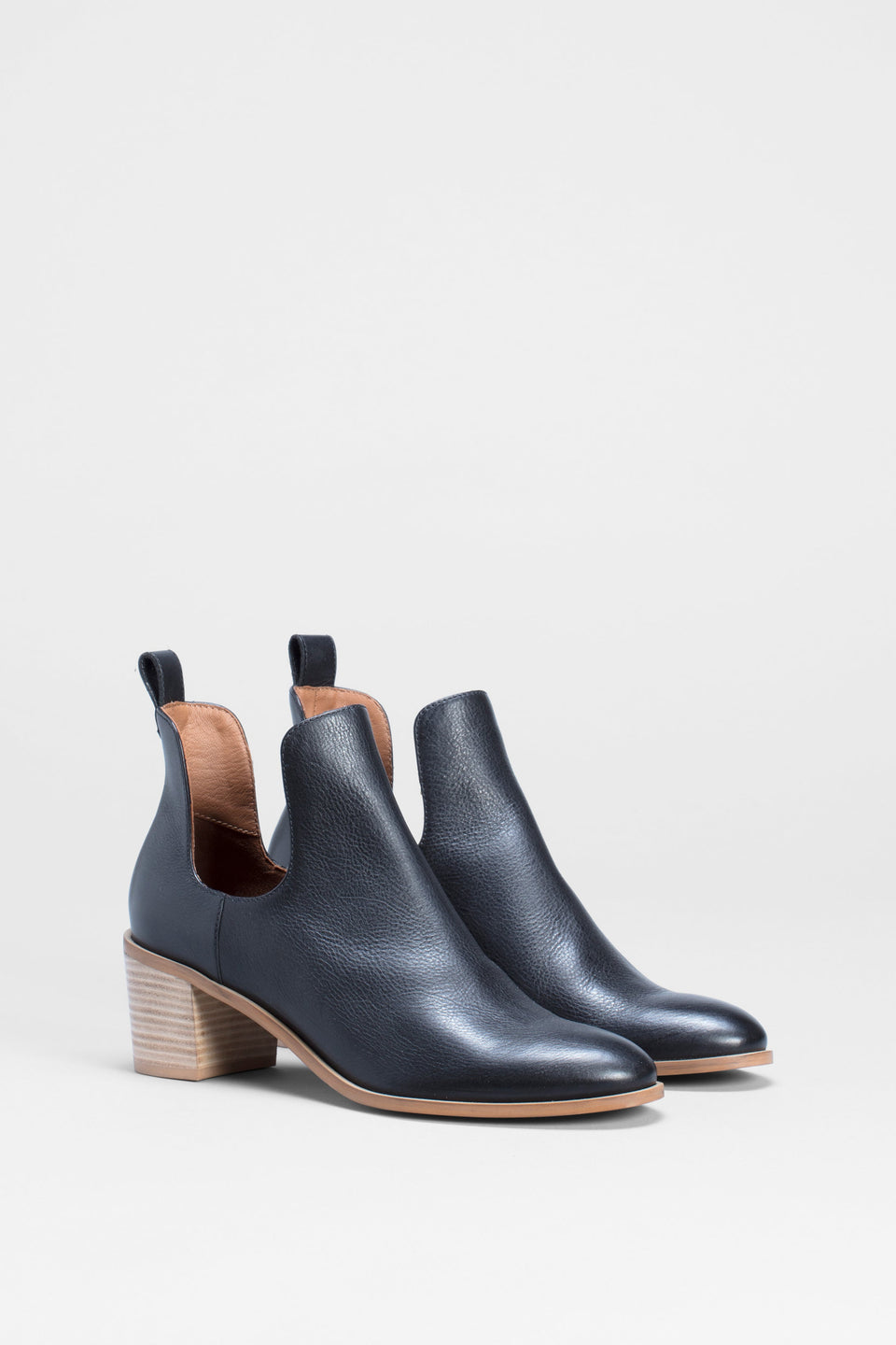 Valla Cut Out Heeled Leather Boot Angled Front | BLACK