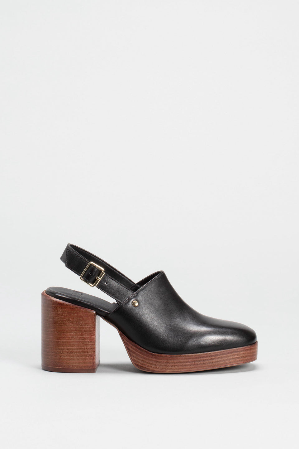 Stockholm Chunky Heel Slip on Clog with Back Strap Angled Side | BLACK