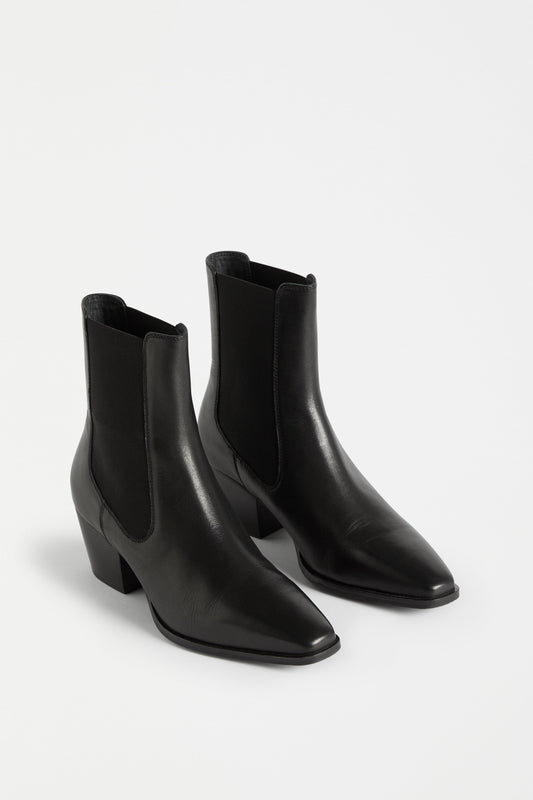 Vastra Pointed Square Toe Mid Heel Leather Slip on Boot Angled Front | BLACK
