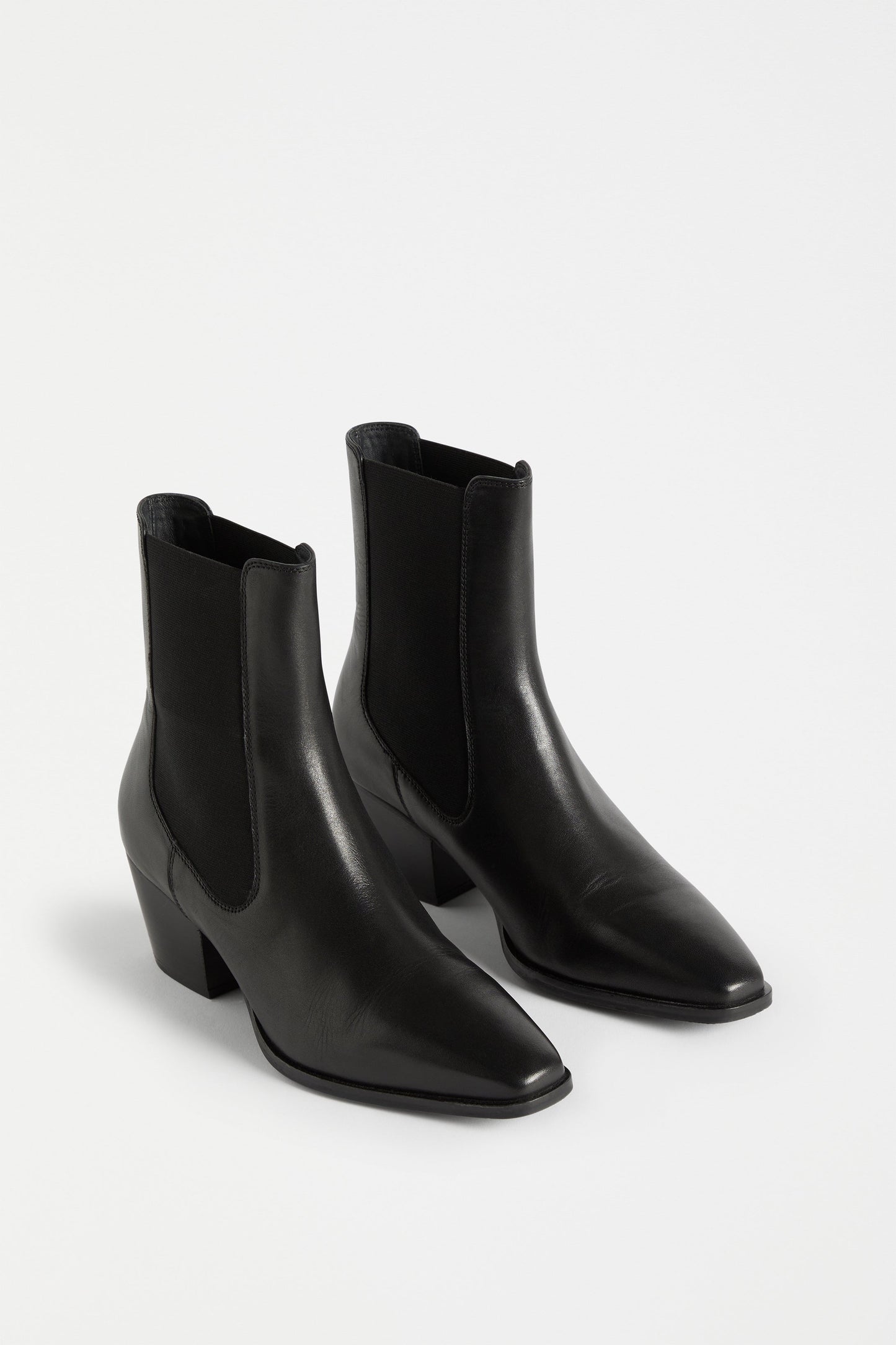 Vastra Pointed Square Toe Mid Heel Leather Slip on Boot Angled Front | BLACK