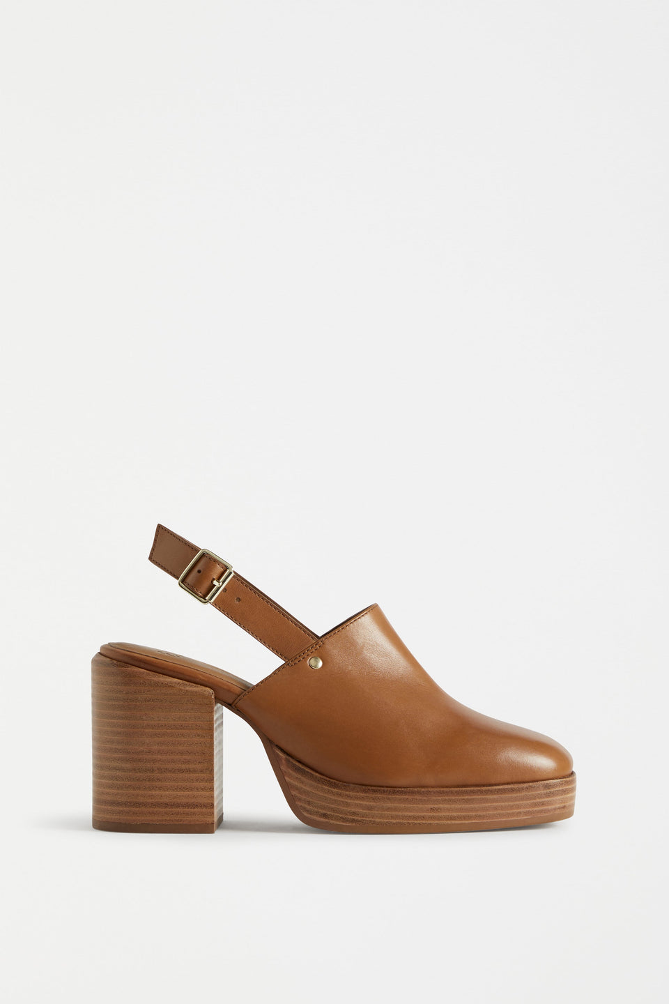 Stockholm Chunky Heel Slip on Clog with Back Strap Angled Side | TAN