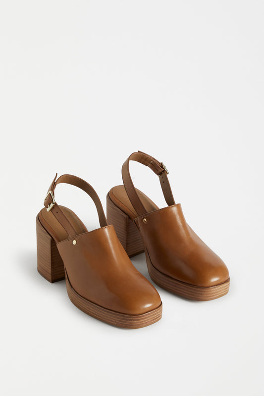 Stockholm Chunky Heel Slip on Clog with Back Strap Angled Front | TAN