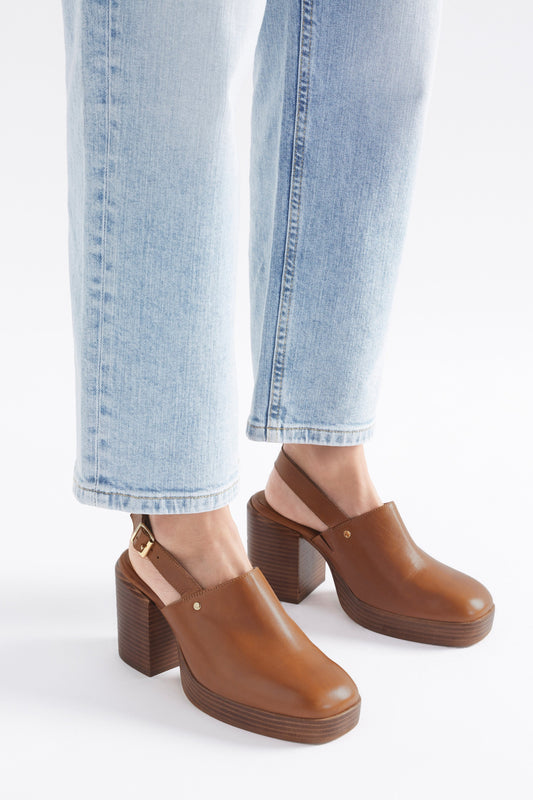 Stockholm Chunky Heel Slip on Clog with Back Strap Angled Front  Model | TAN