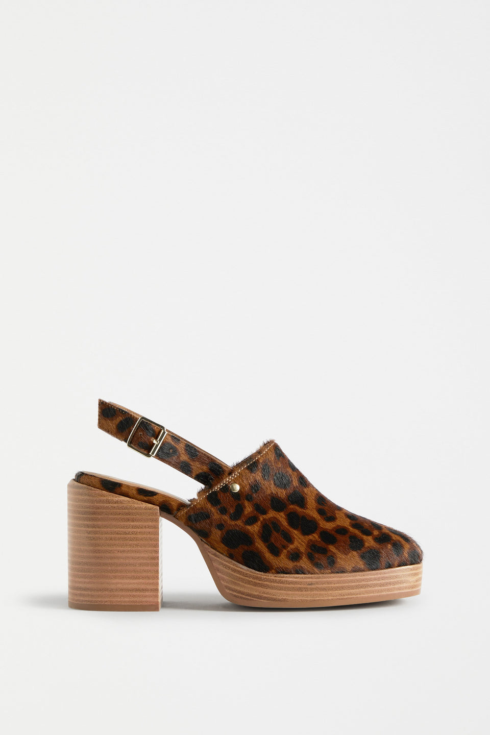 Stockholm Chunky Heel Slip on Clog with Back Strap in Animal Print Angled Side | ANIMAL PRINT