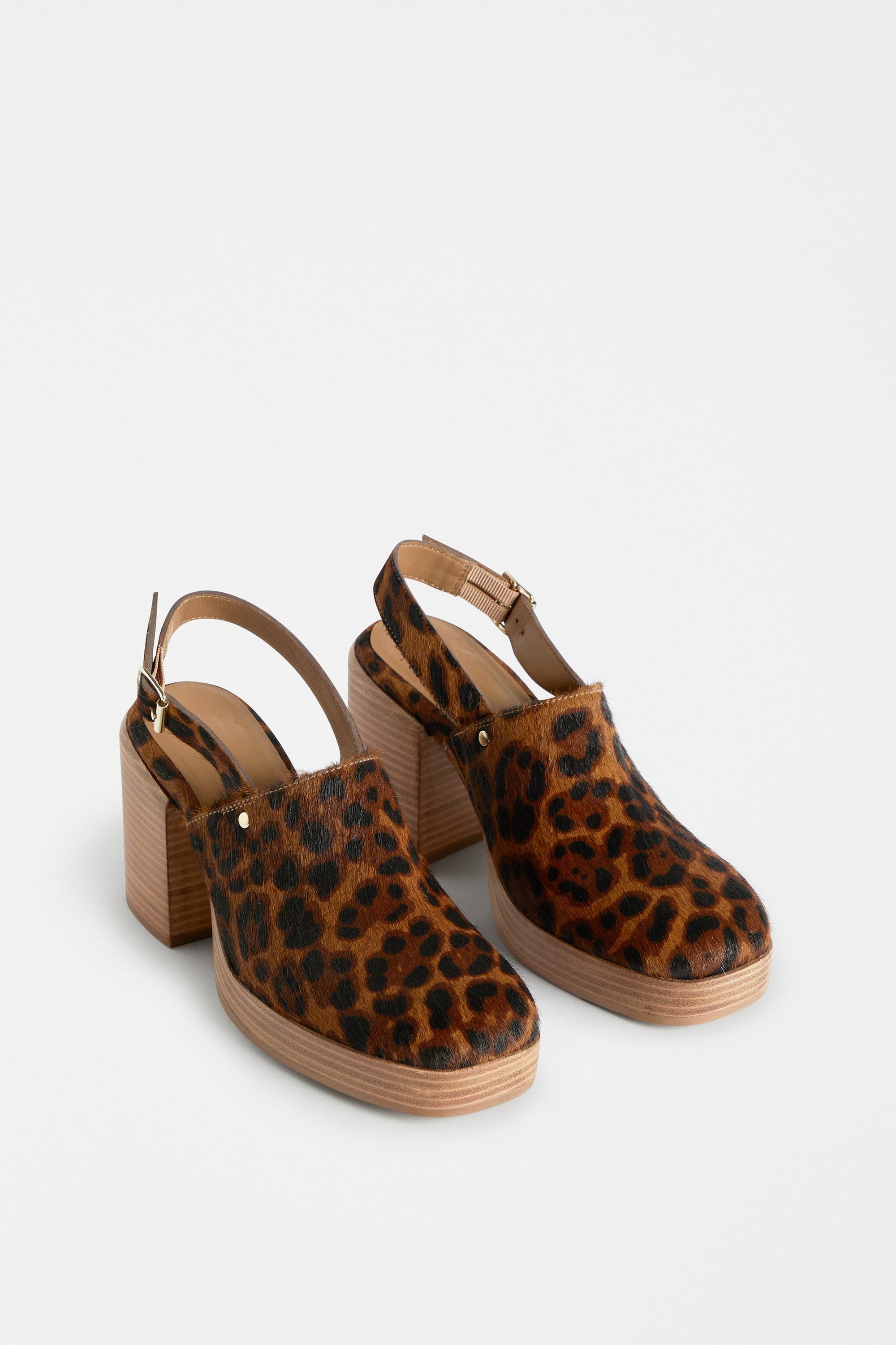 Stockholm Chunky Heel Slip on Clog with Back Strap in Animal Print Angled Front