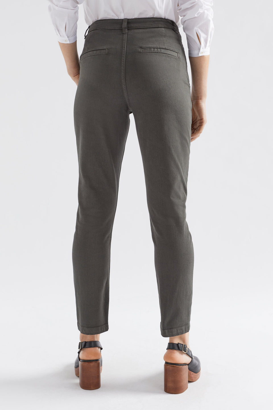 Mysa Organic Cotton Slim Leg Stretch Jean Model Back Jess | OLIVE SLATE