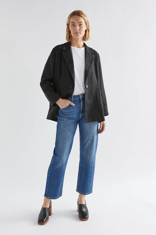 Ilona Linen Single Button Blazer Model Front full body with Ven Jean | BLACK