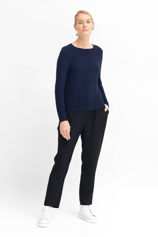 Strak Ribbed Ottoman Stitch Jumper Model Full Body | STEEL BLUE