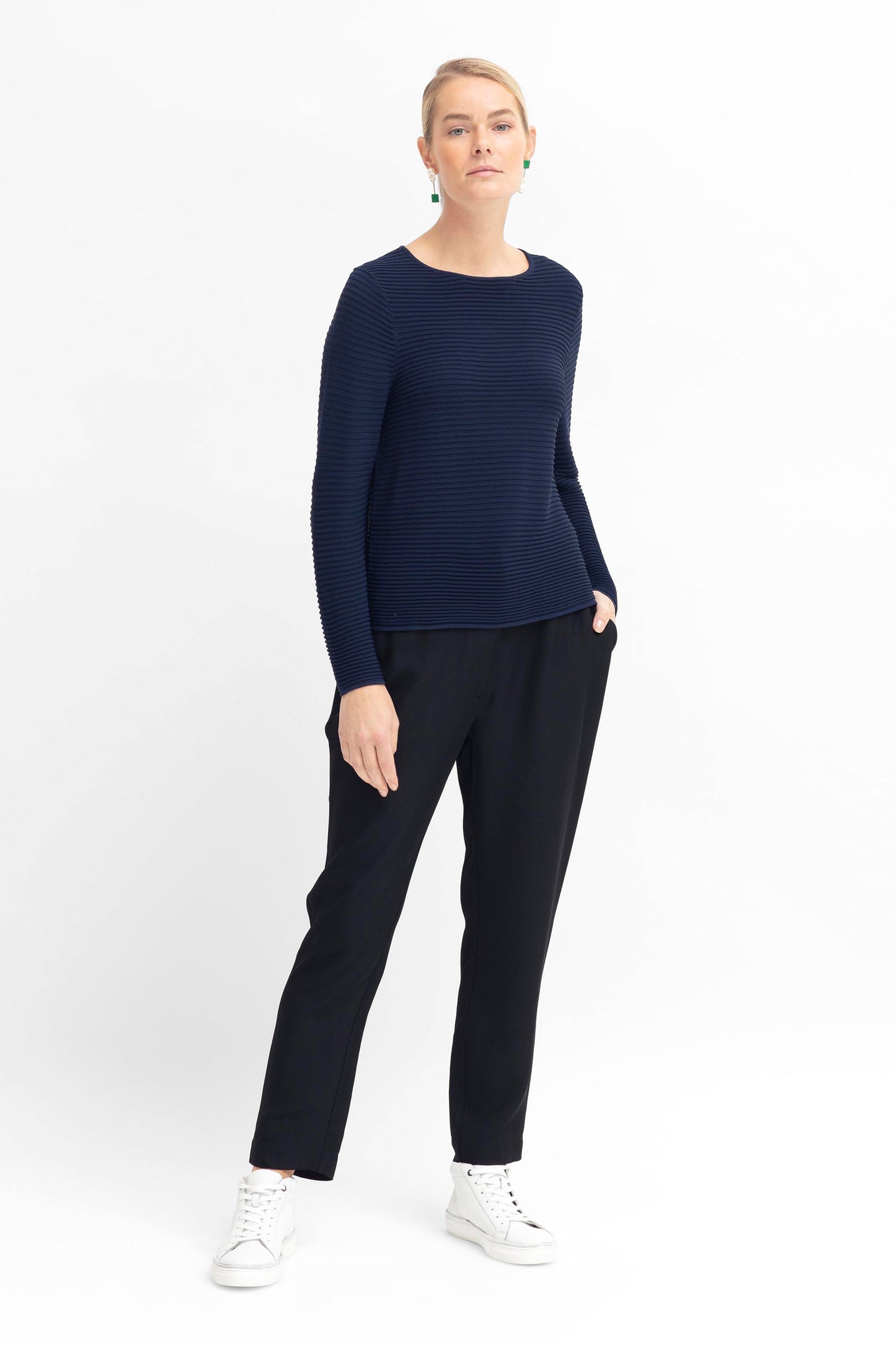 Strak Ribbed Ottoman Stitch Jumper Model Full Body | STEEL BLUE