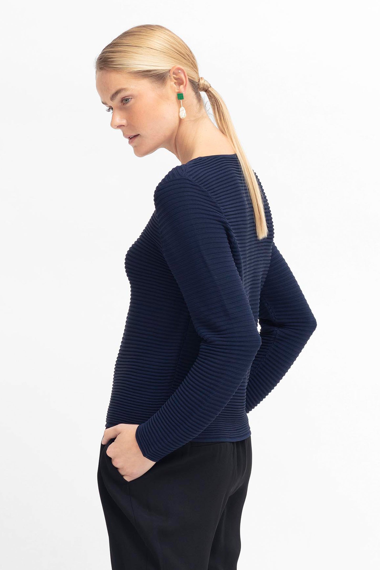 Strak Ribbed Ottoman Stitch Jumper Model Angled Back | STEEL BLUE