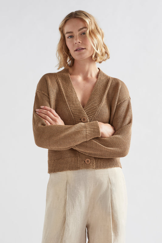 Keent Linen V-Neck Cardigan Model Front | CAMEL