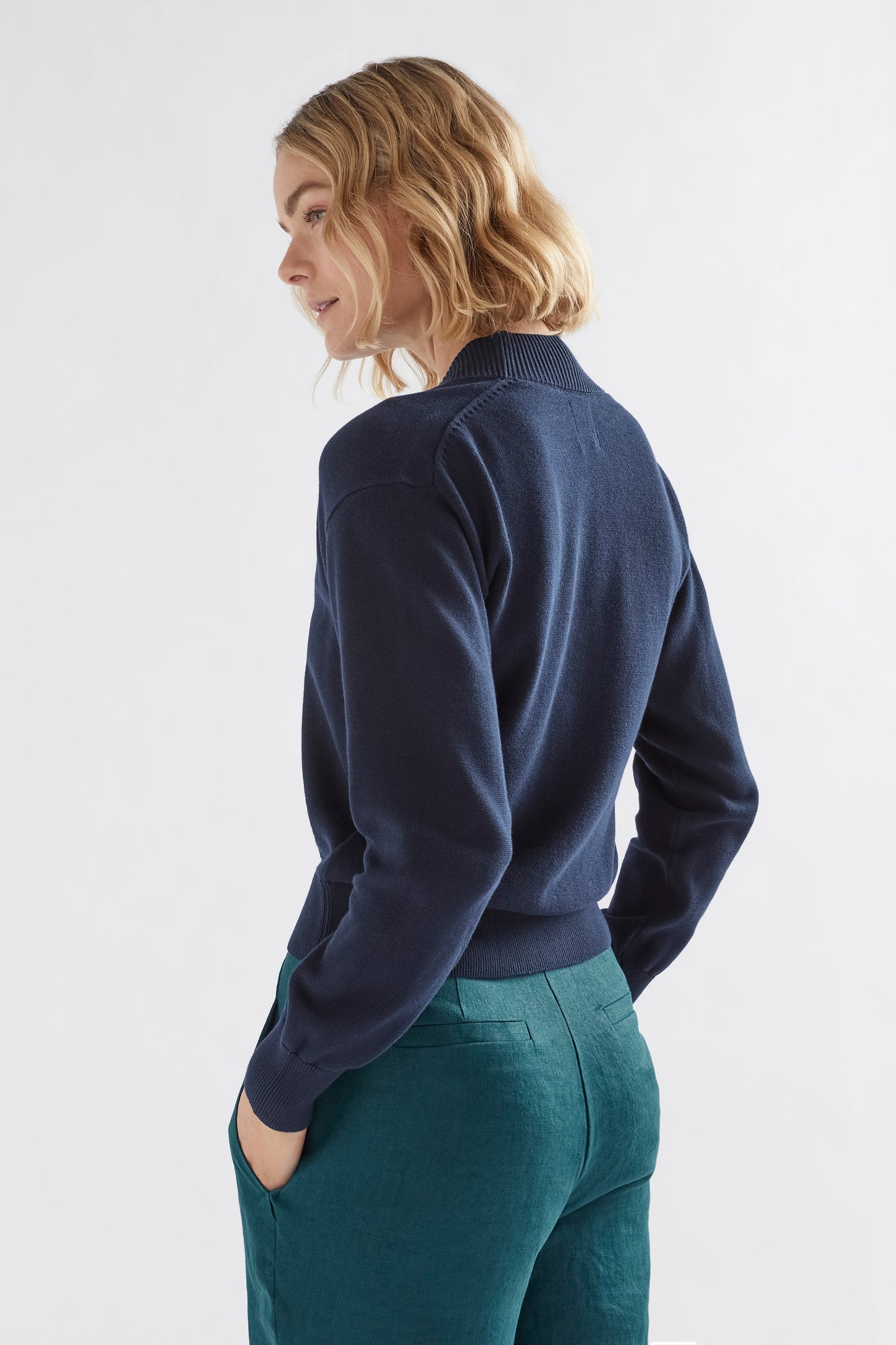 Rianna Organic Cotton V-Neck Cardigan Model Side | INK