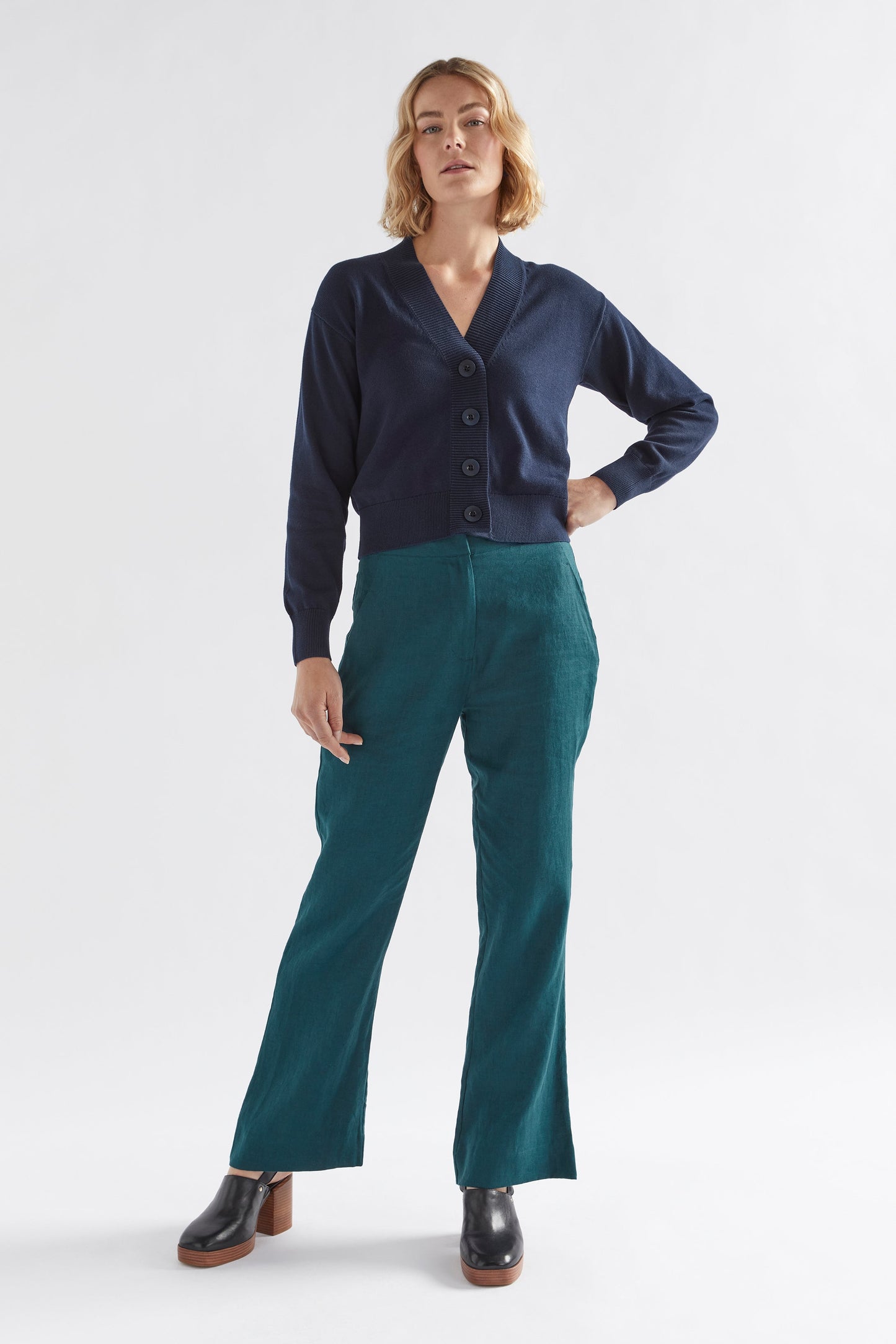 Rianna Organic Cotton V-Neck Cardigan Model Front full Body | INK