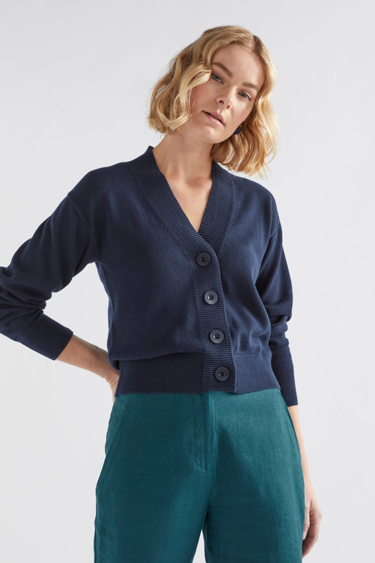 Rianna Organic Cotton V-Neck Cardigan Model Front | INK
