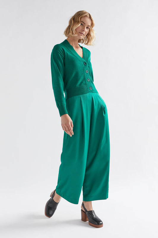Rianna Organic Cotton V-Neck Cardigan Model Front full body | JEWEL GREEN