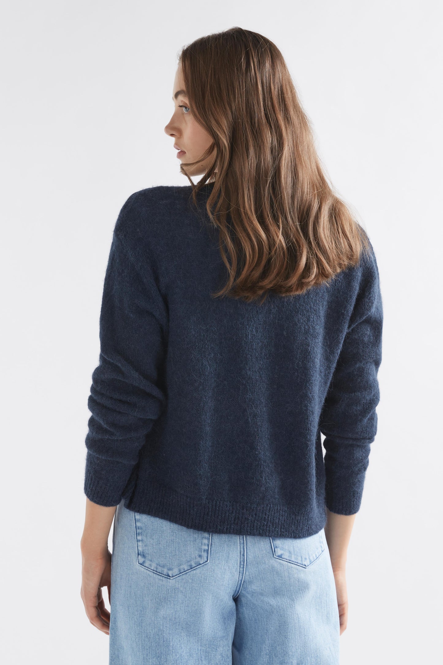 Drue Lightweight Alpaca Wool V-Neck Cropped Cardigan Model Back | CARBON