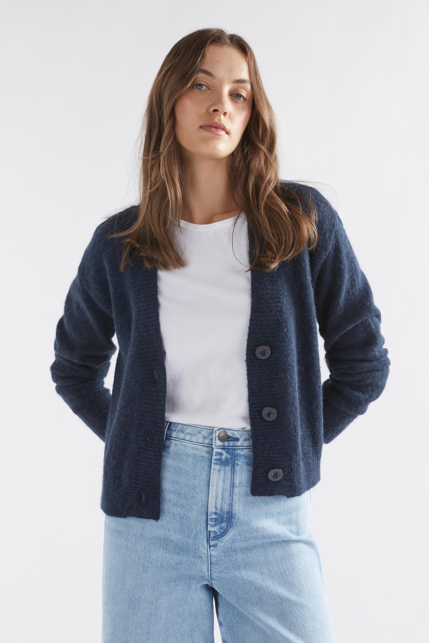 Drue Lightweight Alpaca Wool V-Neck Cropped Cardigan Model Front 2 | CARBON