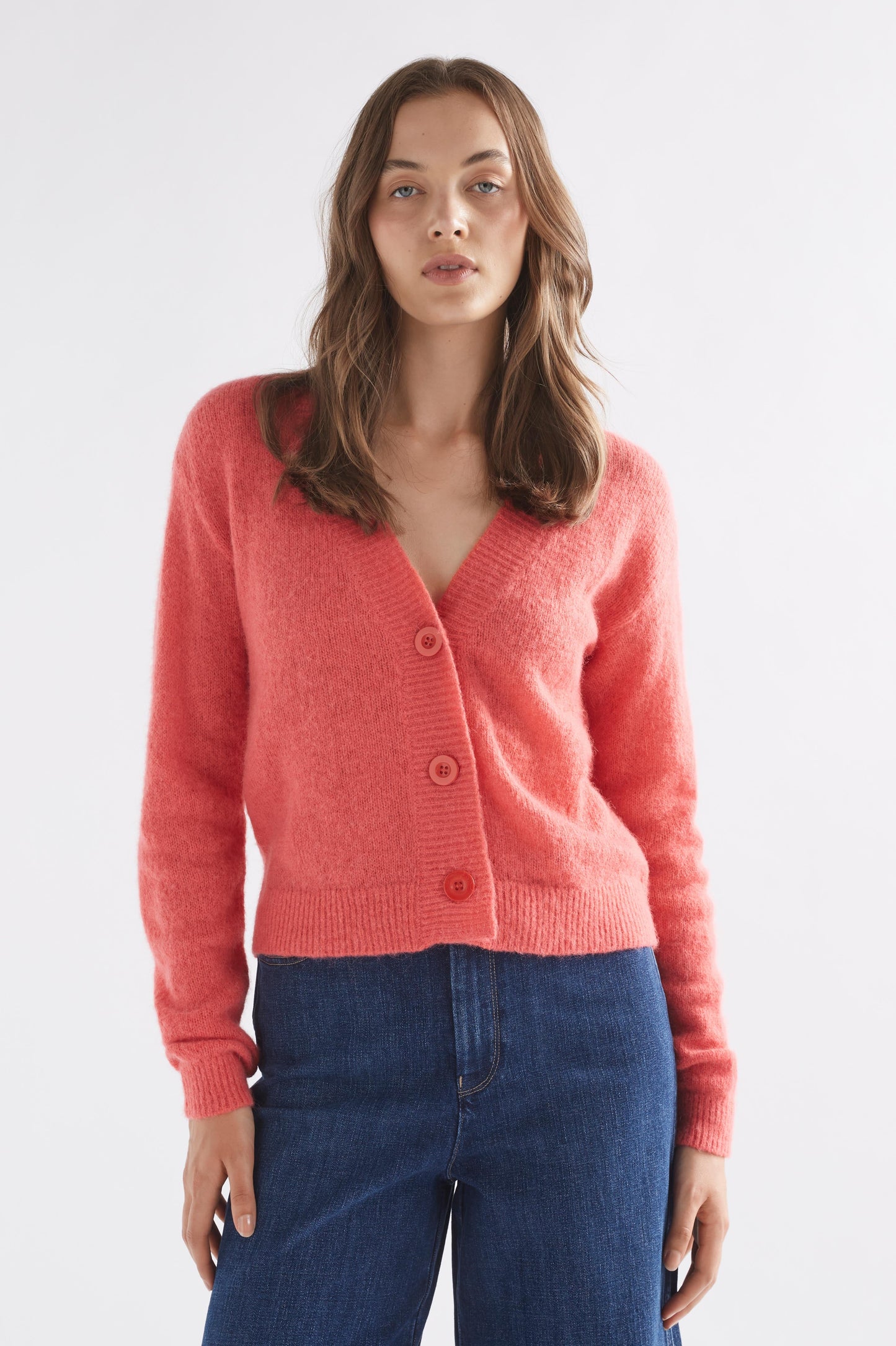Drue Lightweight Alpaca Wool V-Neck Cropped Cardigan Model Front | PINK PUNCH
