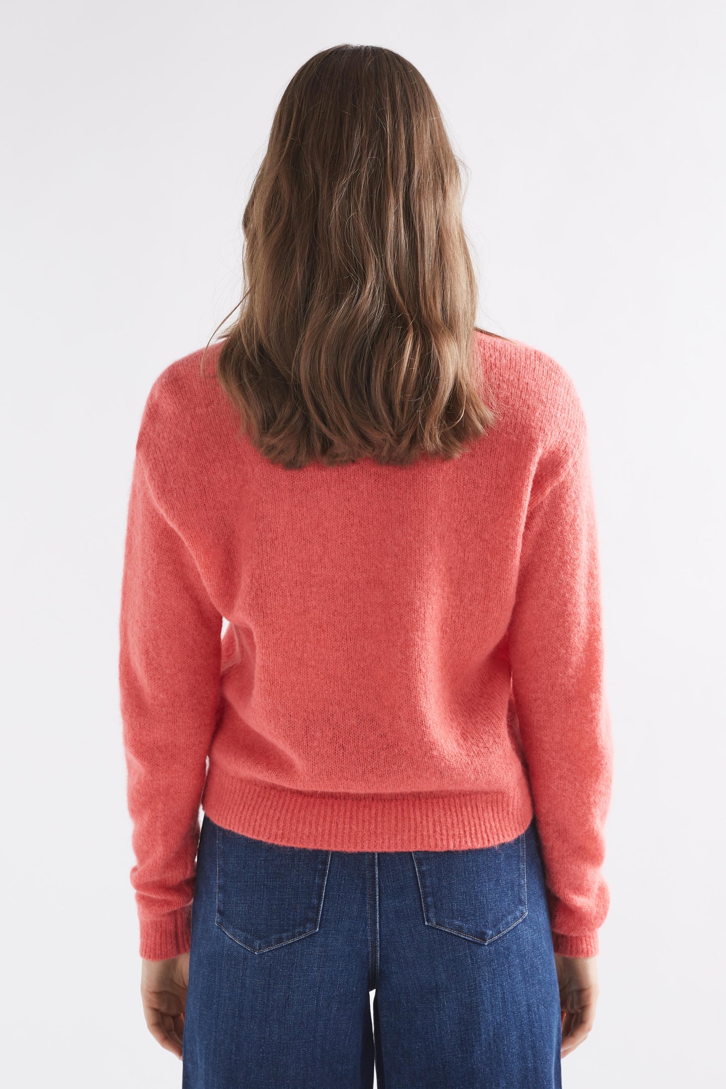 Drue Lightweight Alpaca Wool V-Neck Cropped Cardigan Model Back | PINK PUNCH