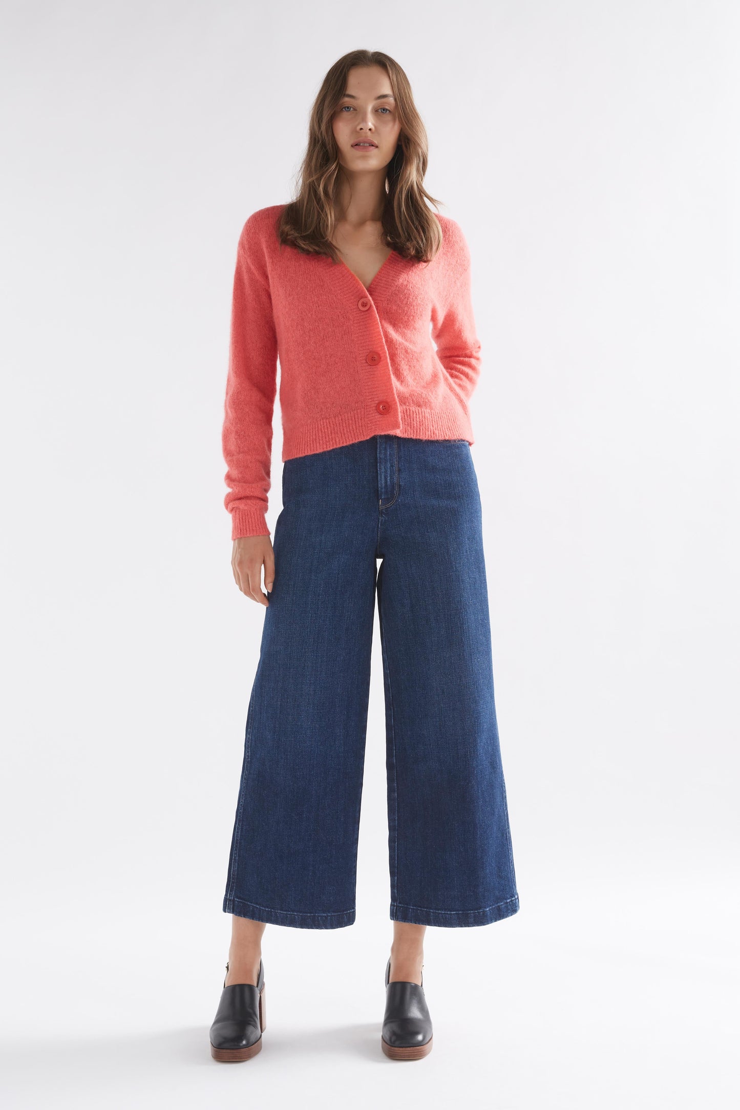 Drue Lightweight Alpaca Wool V-Neck Cropped Cardigan Model Front Full body | PINK PUNCH