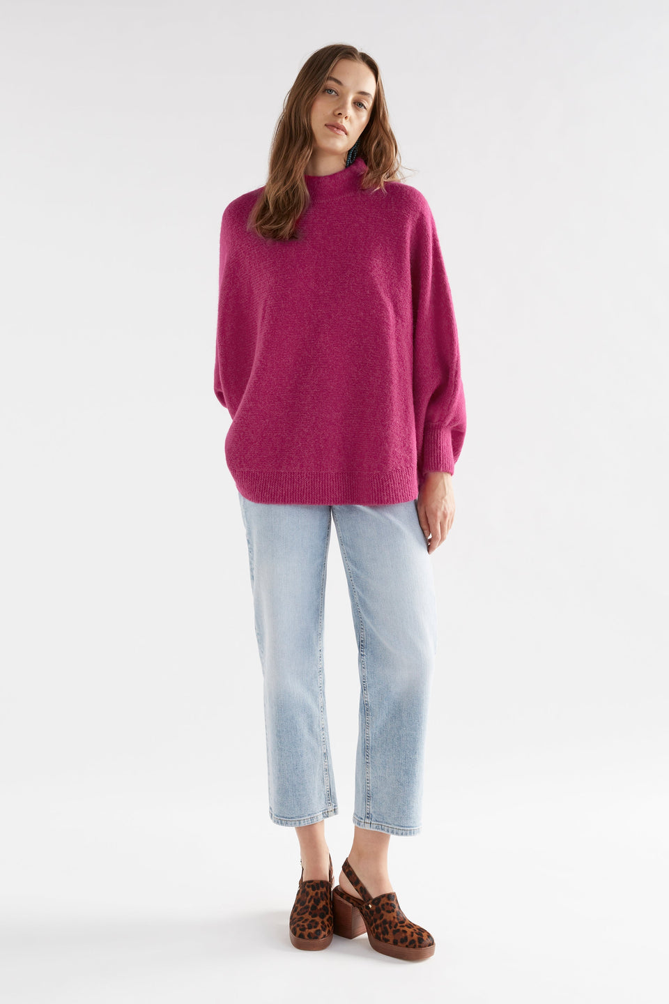 Palmen Alpaca Merino Mock Neck Sleeved Poncho Model Front Full Body | HOT PINK