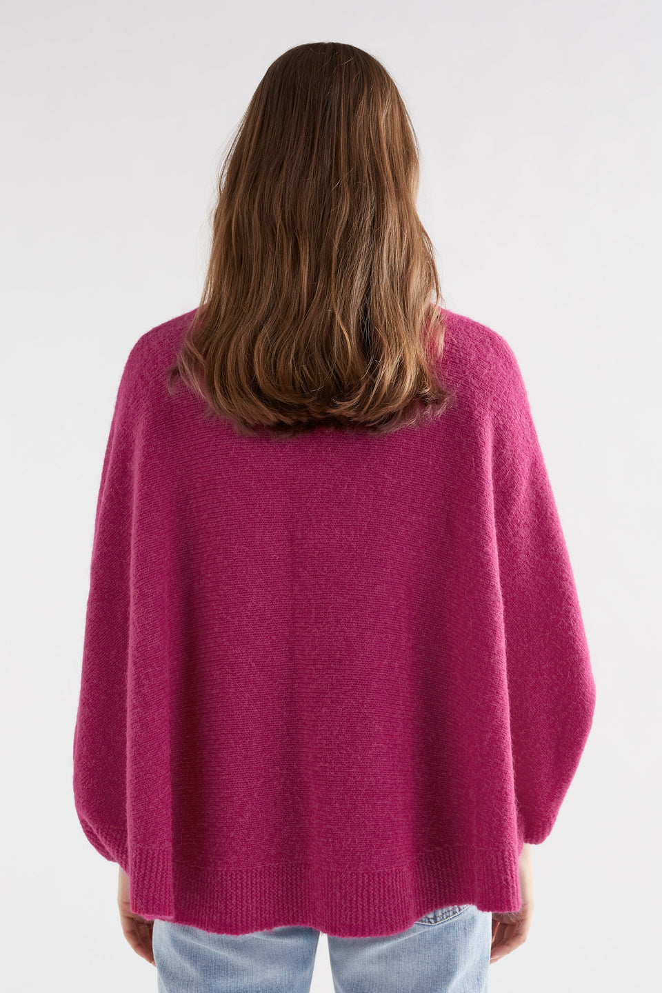 Palmen Alpaca Merino Mock Neck Sleeved Poncho Model Back | HOT PINK