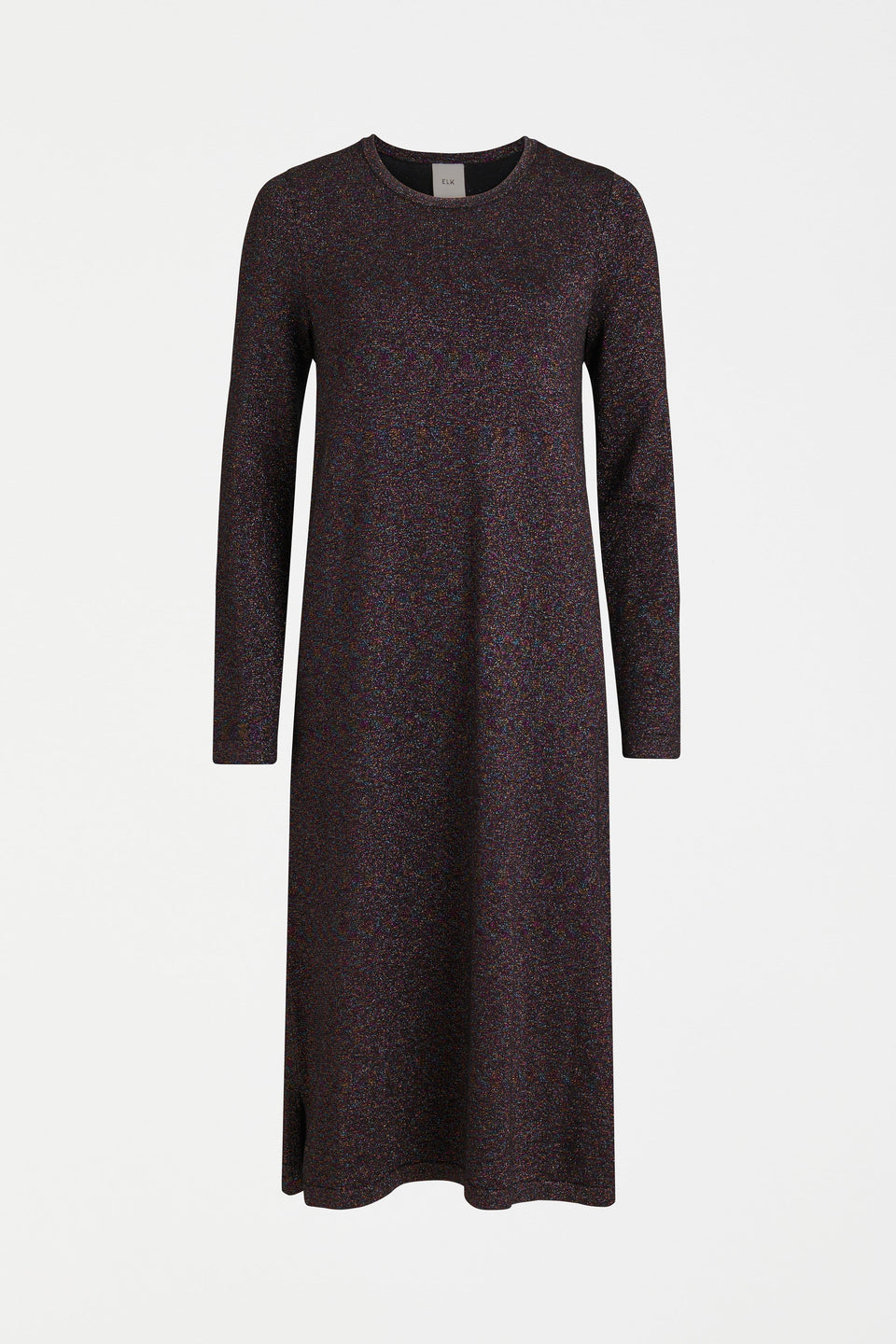 Galaxy Metallic Yarn Round Neck Long Sleeve Knee Length Dress Front | BLACK MULTI METALLIC