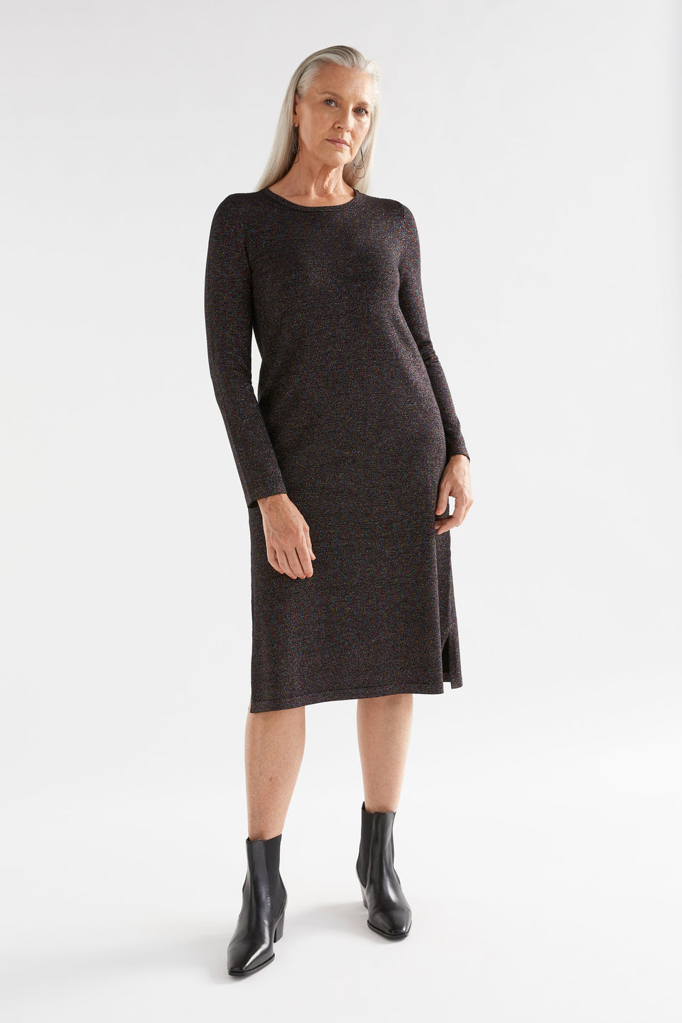 Galaxy Metallic Yarn Round Neck Long Sleeve Knee Length Dress Model Front | BLACK MULTI METALLIC