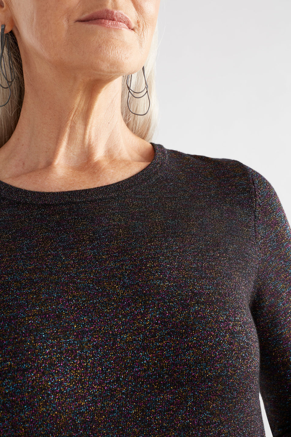 Galaxy Metallic Yarn Round Neck Long Sleeve Knee Length Dress Model Front detail | BLACK MULTI METALLIC
