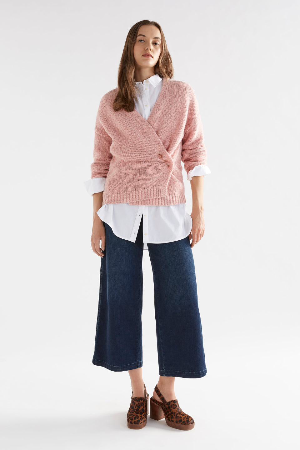 Alli Alpaca Merino Fluffy Wrap Cardigan with Large Safety Pin Closure model Front full body | PINK SALT