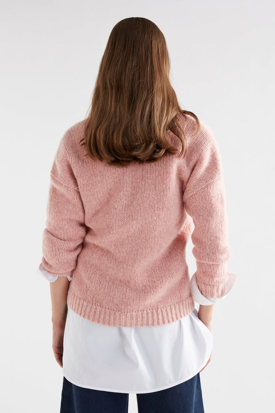 Alli Alpaca Merino Fluffy Wrap Cardigan with Large Safety Pin Closure model Back | PINK SALT