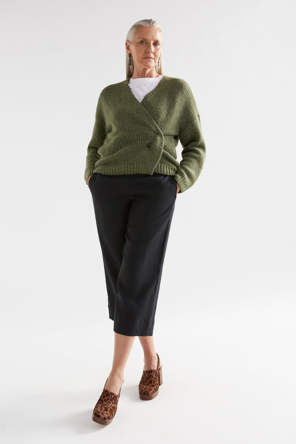 Alli Alpaca Merino Fluffy Wrap Cardigan with Large Safety Pin Closure model Front with Pin Full Body | DARK OLIVE