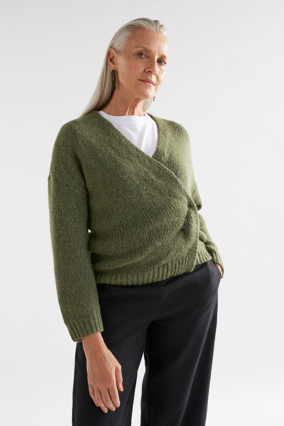 Alli Alpaca Merino Fluffy Wrap Cardigan with Large Safety Pin Closure model Front with Pin | DARK OLIVE