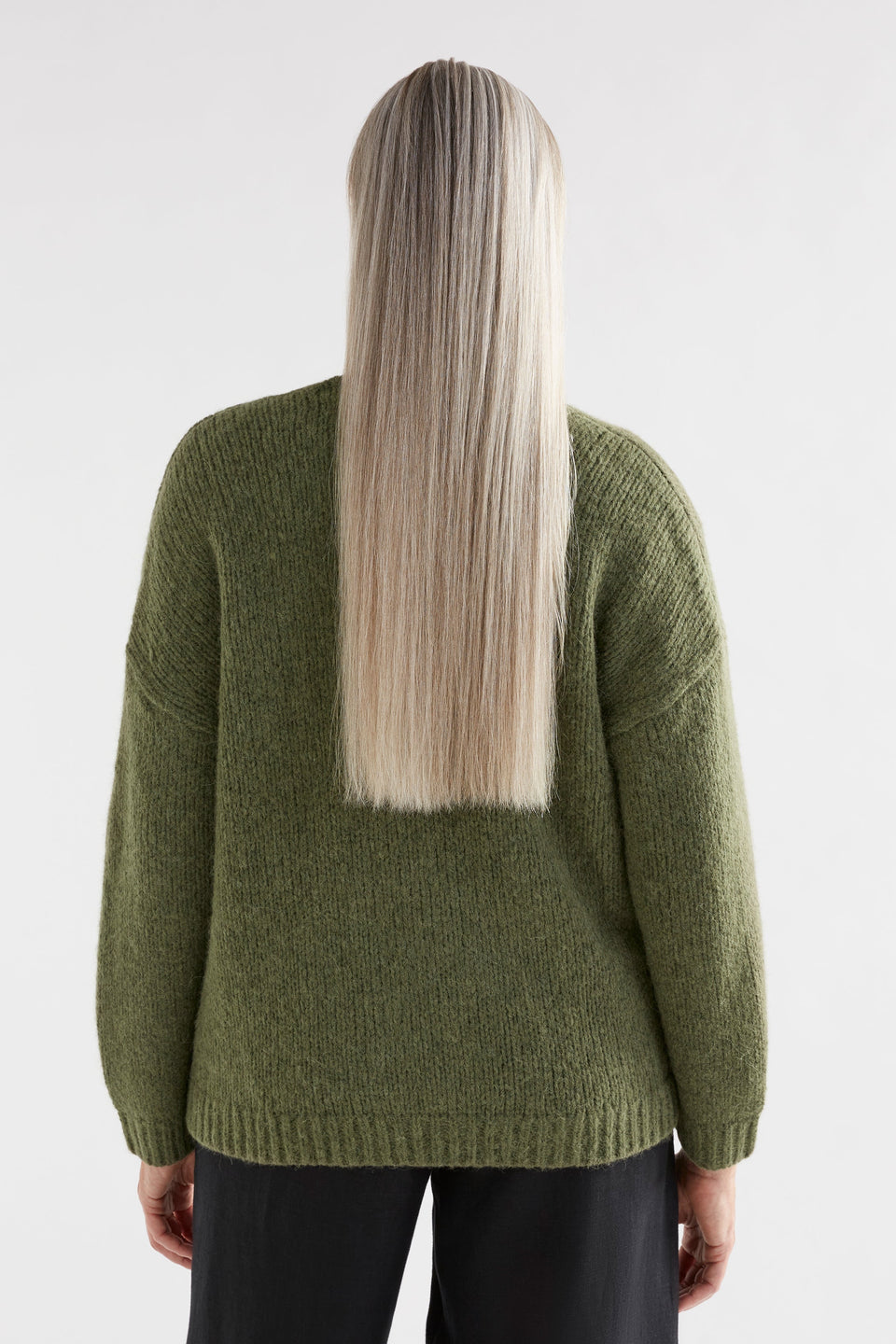 Alli Alpaca Merino Fluffy Wrap Cardigan with Large Safety Pin Closure model Back | DARK OLIVE