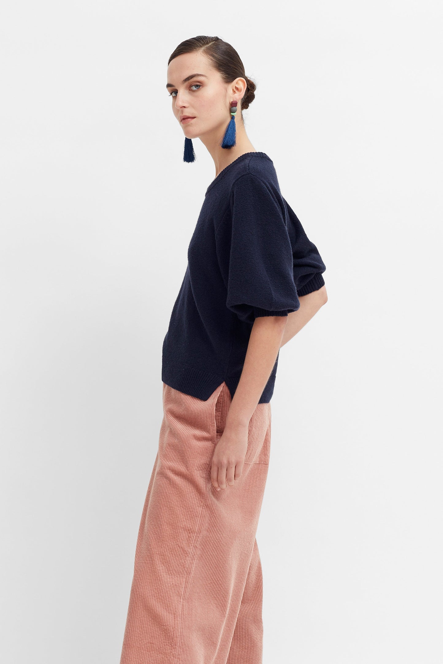 3/4 Balloon Sleeve Cotton Farren Sweater Side | MIDNIGHT
